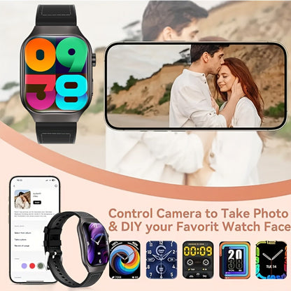2.01 Inch Curved Screen Smartwatch Bluetooth 5.3 HD Calling Built-In Games Voice Assistant 100 Sport Modes Magnetic Charging Heart Rate Blood Oxygen Sleep Tracker Full Touch Classic Design Black Blue Silver