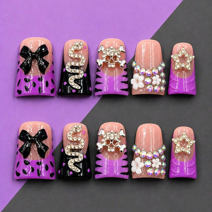 Leopard Skull Press On Nails Short Duckbill 10pcs – Handmade Rhinestone Zebra Bowknot Snake Acrylic Nail Kit with Tools | Edgy Party Daily Wear Nail Art for Women S M L 2026 Trends