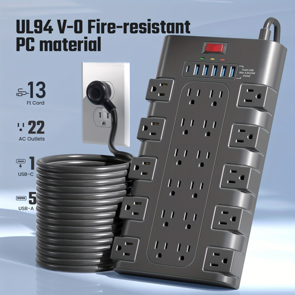 Surge Protector Power Strip 28-in-1 with 22 AC Outlets, 5 USB-A, 1 USB-C, 2100J Rating and 5 to 13 ft Cord Options