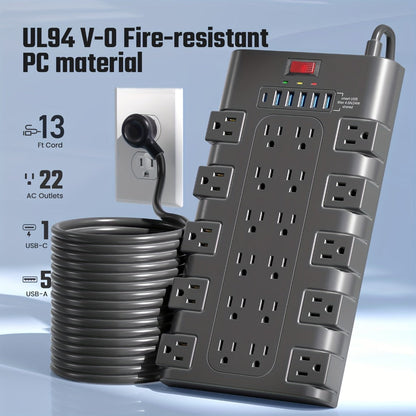 Surge Protector Power Strip 28-in-1 with 22 AC Outlets, 5 USB-A, 1 USB-C, 2100J Rating and 5 to 13 ft Cord Options