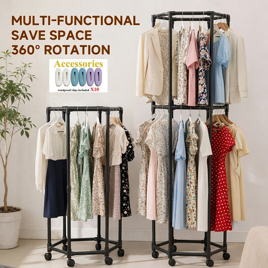 Rolling Hexagon Clothes Drying Rack 1 or 2 Layer – Sturdy Metal Floor Stand with Wheels, Multi-Bar & 10 Clips, Portable Laundry Rack for Bedroom, Balcony & Dorm