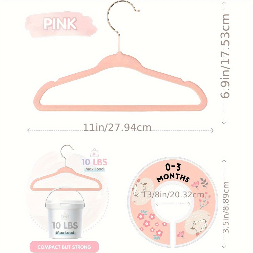 Baby Hangers Pink Velvet Non-Slip Nursery Closet Kids Clothes Hangers with Size Dividers for Infant Toddler Girls Boys 50/30pcs