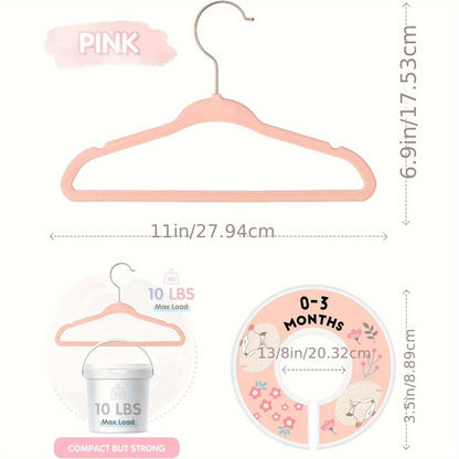 Baby Hangers Pink Velvet Non-Slip Nursery Closet Kids Clothes Hangers with Size Dividers for Infant Toddler Girls Boys 50/30pcs