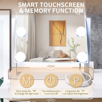 Lighted Makeup Mirror 5X Magnifying 9 LED Hollywood Vanity Mirror - 3 Color Lighting Modes, 360° Rotating, USB Powered Touch Control Tabletop Makeup Mirror for Women Desk Bedroom Gift