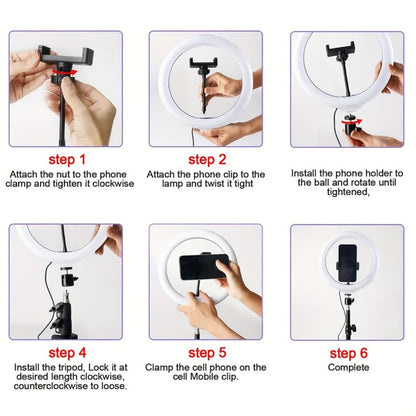 10-Inch Ring Light with Inline Cable Controls, Phone Holder and Desktop Bracket or Mini Tripod Options