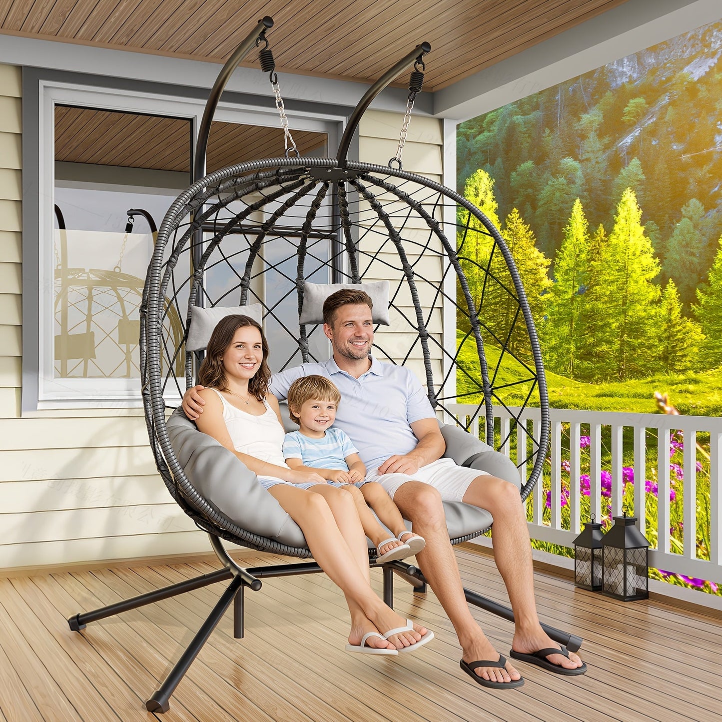 Rattan Wicker Hanging Egg Chair with Stand, Aluminum Frame and 11 Cushion and Size Options
