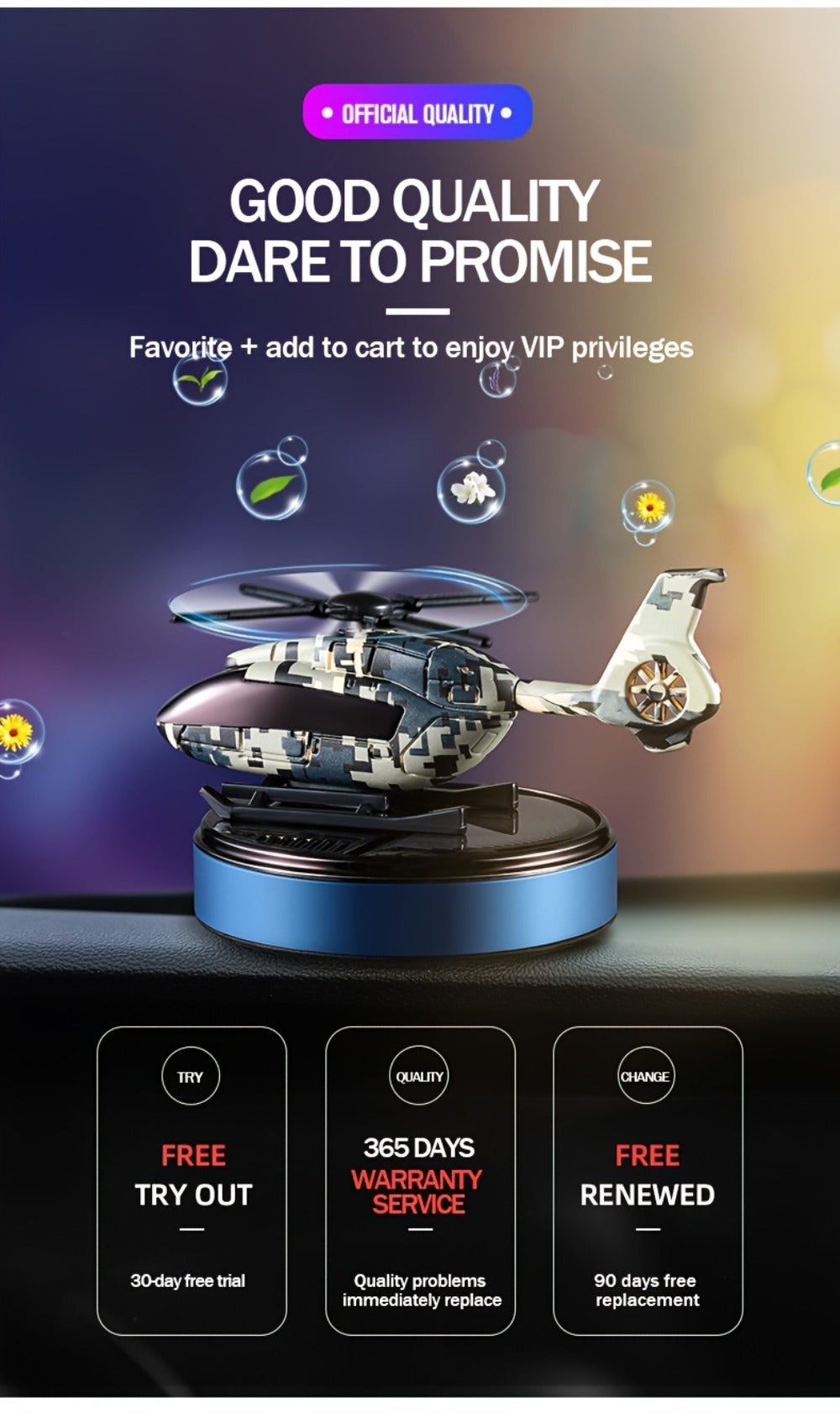 Car Air Freshener Solar Helicopter Dashboard Diffuser with Refillable Chamber and Three Color Options