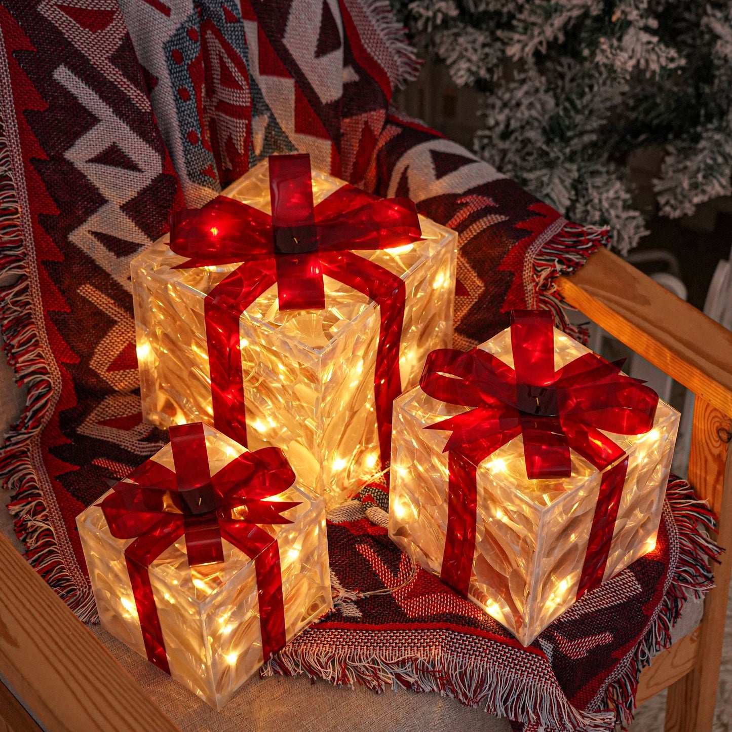 Three Warm-White Light-Up Christmas Gift Boxes with Red Bows, USB Lead and Battery Case Pictured