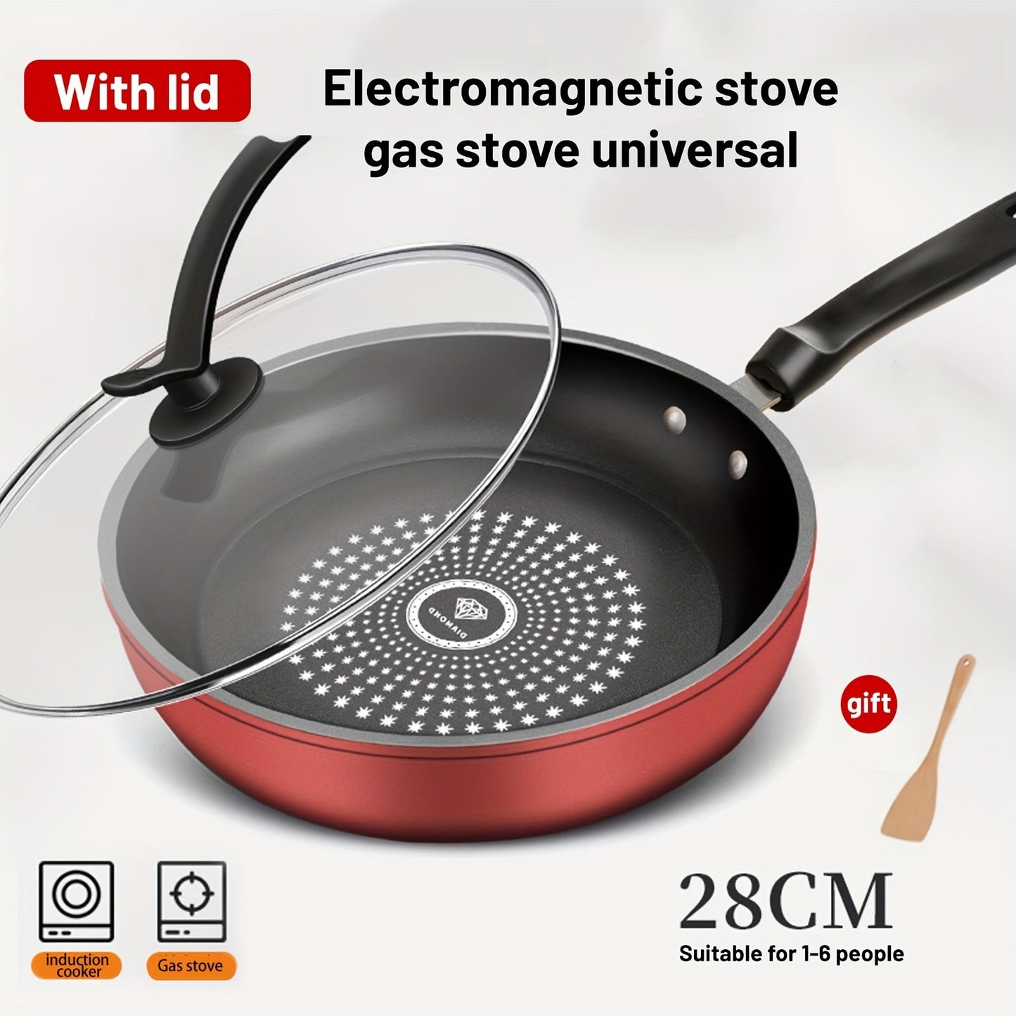 Nonstick Frying Pan with Lid 9.45 10.24 11.02 Inch Cast Iron Style Flat Bottom Skillet Stainless Steel Handle Smoke-Free Lightweight Cookware for All Stovetops Fried Eggs Steak Pancakes