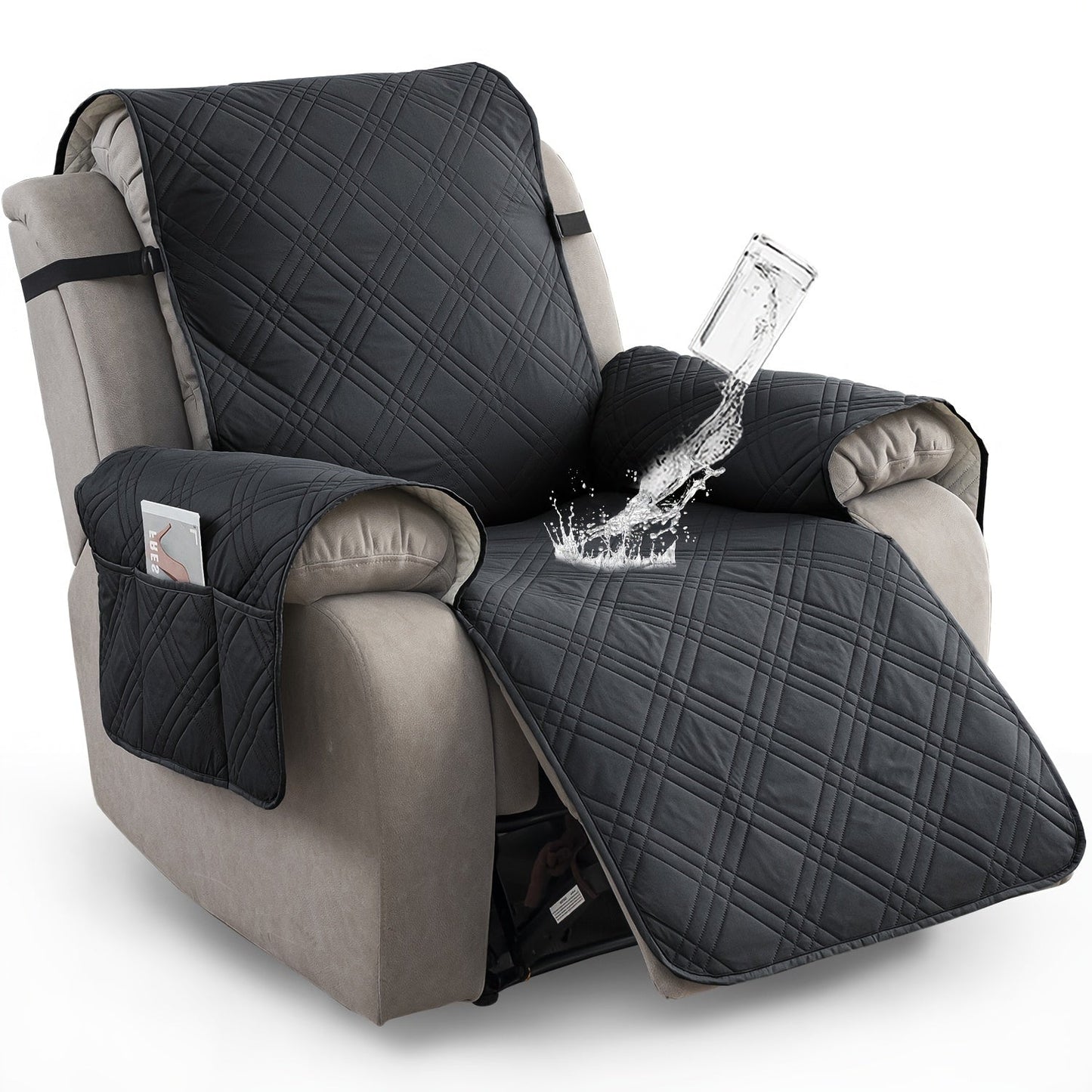 Chair Cover Quilted Recliner Throw with Side Pocket, Elastic Straps and Buckle in Ten Colors