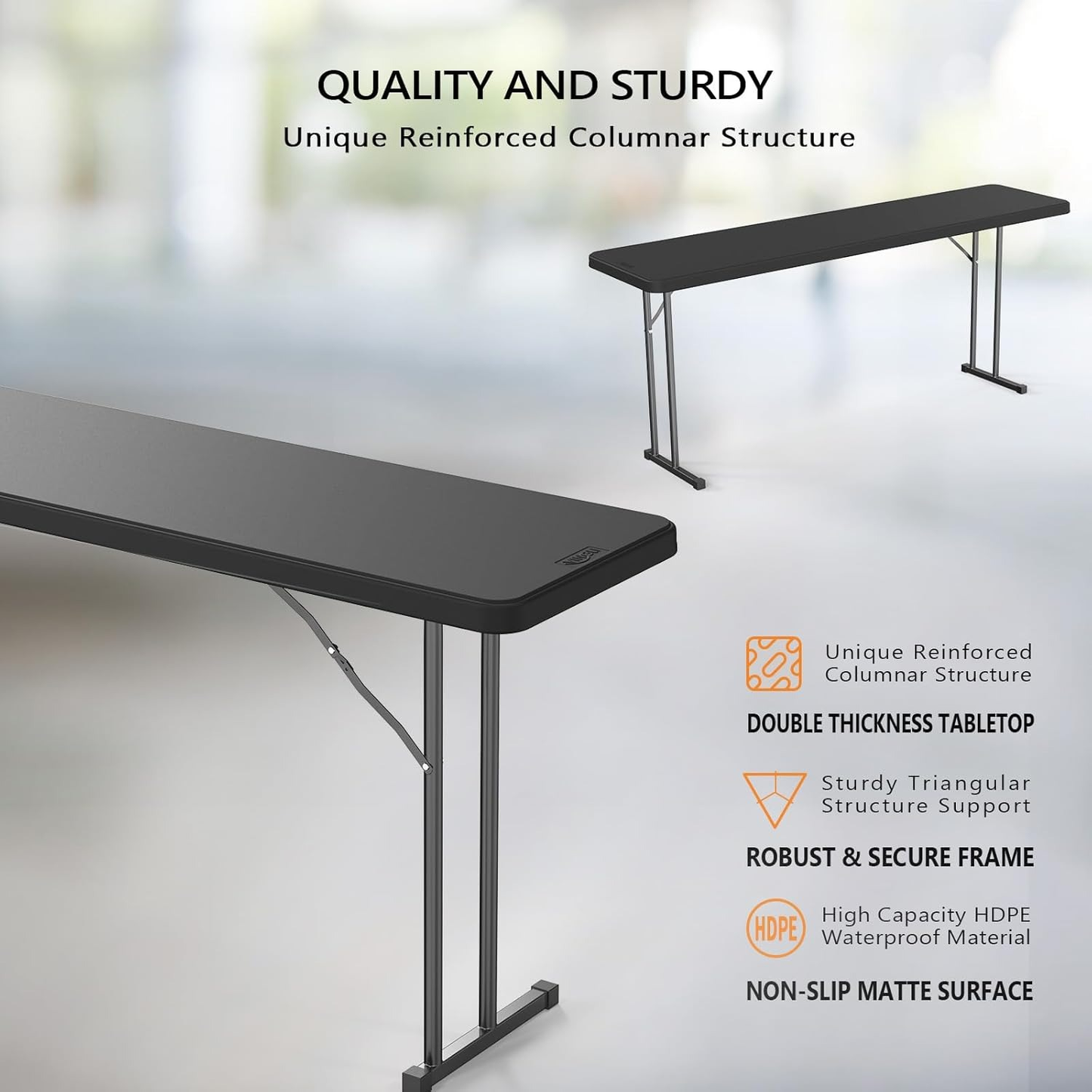 Narrow White 6-Foot Portable Folding Table with Rectangular Top and Folding Gray Leg Frame