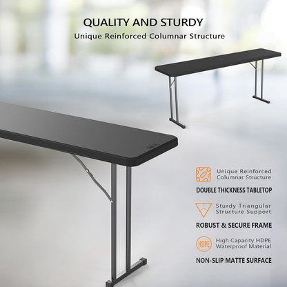 Narrow White 6-Foot Portable Folding Table with Rectangular Top and Folding Gray Leg Frame