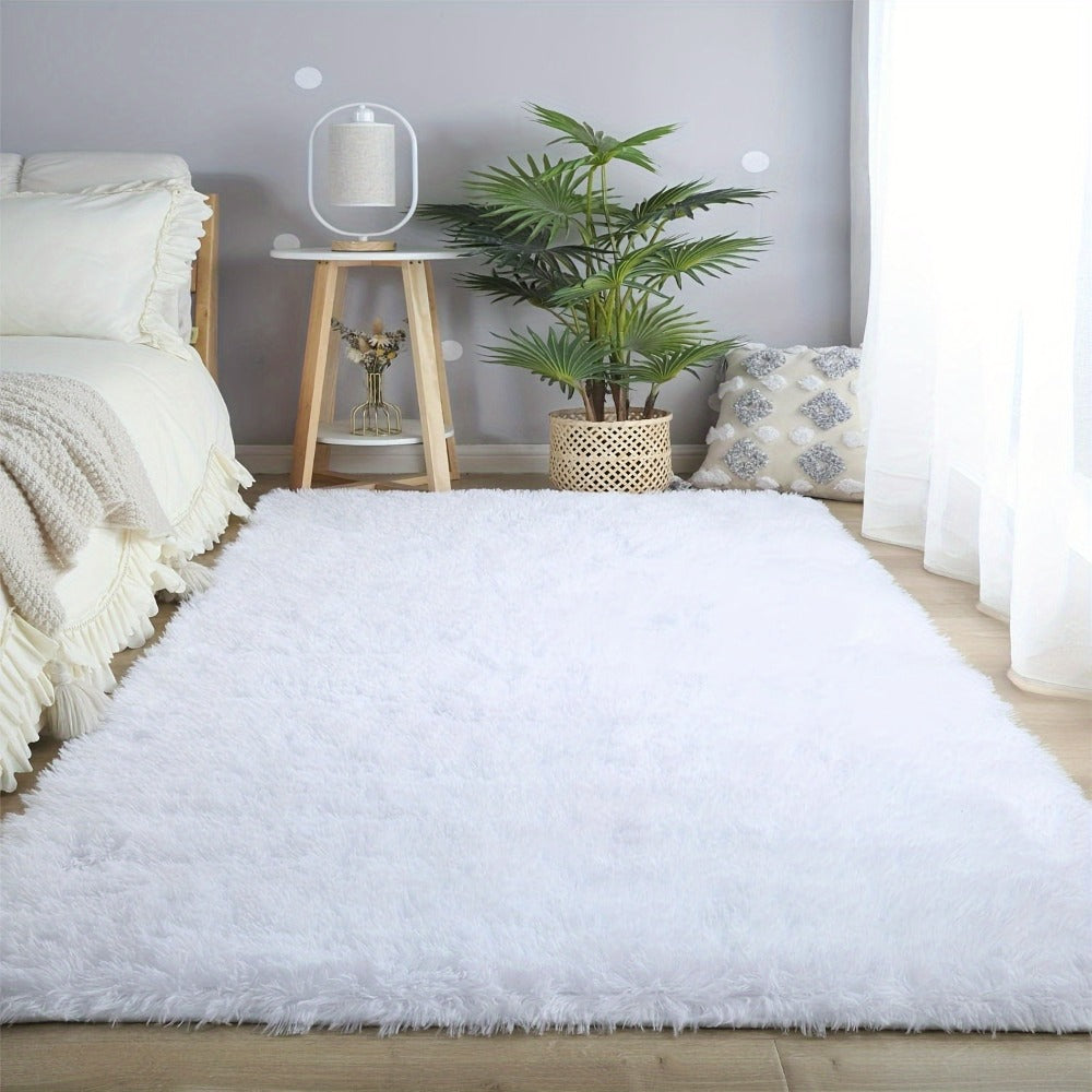 Area Rug White Fluffy High-Pile Shag in Three Washable Sizes for Living Room, Bedroom or Dorm