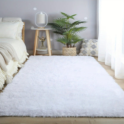Area Rug White Fluffy High-Pile Shag in Three Washable Sizes for Living Room, Bedroom or Dorm