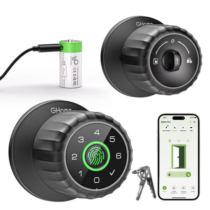 GHome KD03 PRO Smart Door Knob 4-in-1 with USB-C Charging & Gateway Remote - Fingerprint, Keypad & App, Anti-Peep, Tamper Alarm, Emergency Power, Keyless Entry, Black