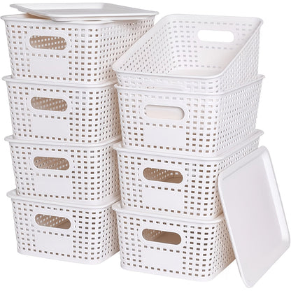Storage Organizer Bins with Lids 4/8 Pack | Space-Saving Stackable Boxes 10"x7"x4" for Shelves, Closet & Desk - Declutter Bins for Dorm, Playroom & Office with File Organizer Bag, White Black Gray Red