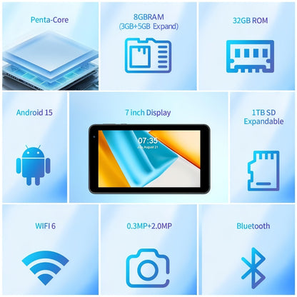 Android Tablet 7-Inch with Android 15, 8GB Total RAM, 32GB Internal Storage and Dual-Band WiFi 6