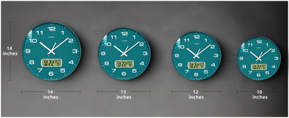 Round Analog Wall Clock with LCD Calendar and Temperature Window, Four Colors and 10- or 12-Inch Sizes