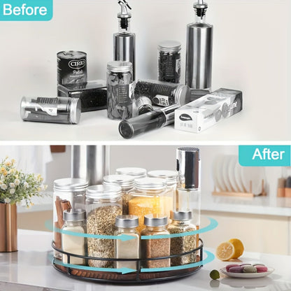 Wooden Turntable Kitchen Organizer 12-Inch Rotating Tray with Steel Armrests for Pantry or Countertop