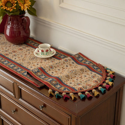 Tasseled Floral Table Runner with 15.75-Inch Width and Three Length Options for Dining Tables