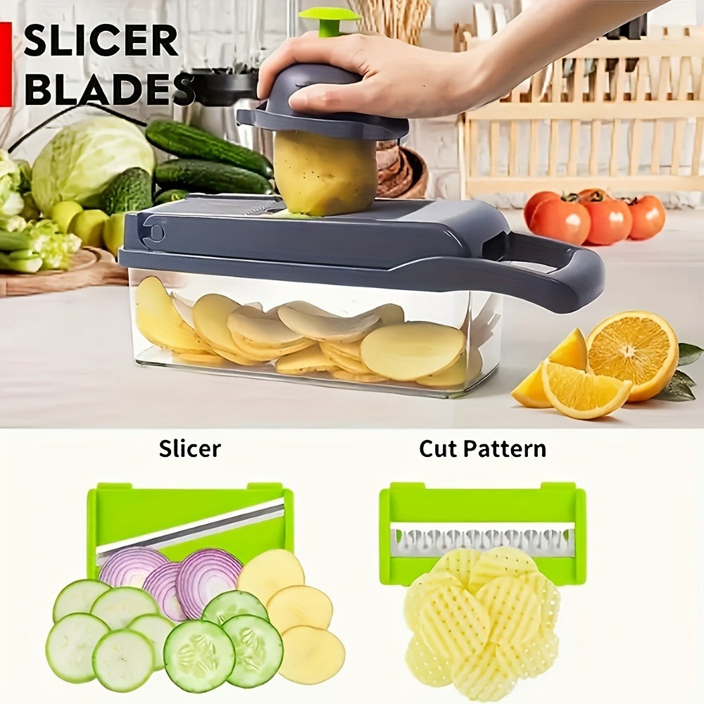 16-in-1 Vegetable Chopper Set with 8 Interchangeable Blades, Manual Food Chopper with Container, Peeler & Filter for Onion, Garlic, Carrot – Kitchen Prep Tool