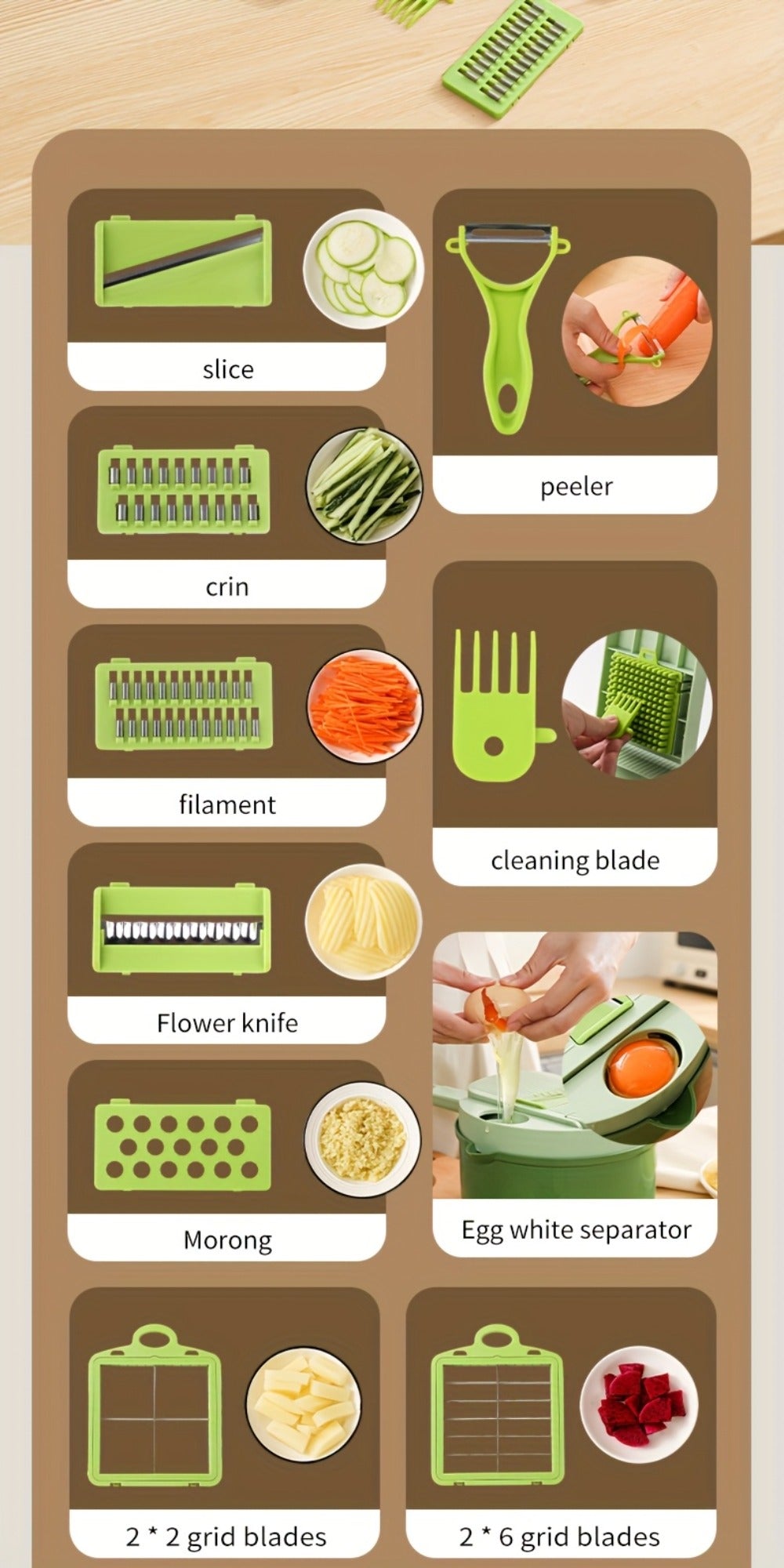 16-in-1 Green Vegetable Chopper with Round Container, Grid Dicing Plates, Slicer, Grater and Peeler Pieces