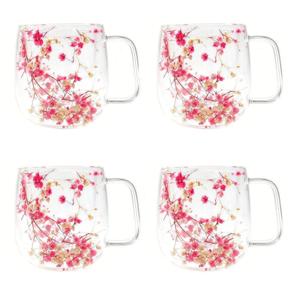 Double-Wall Glass Coffee Cup Set, Four-Piece Floral and Petal Design Mugs with Clear Handles for Tea and Lattes