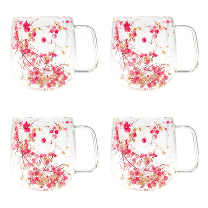 Double-Wall Glass Coffee Cup Set, Four-Piece Floral and Petal Design Mugs with Clear Handles for Tea and Lattes