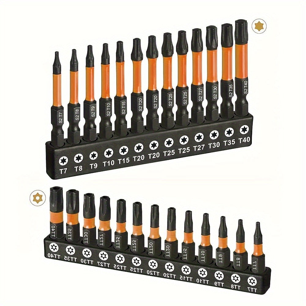 Impact Torx Bit Set 26pcs T7-T40 S2 Steel CNC Machined Tips Security Tamper-Proof Torx Bits 1" & 2" Lengths for Impact Drivers Drills Power Tools Automotive Repair DIY Projects