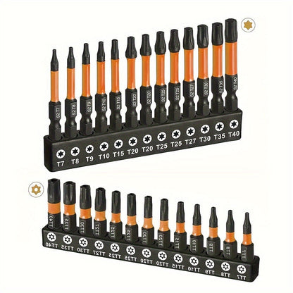 Impact Torx Bit Set 26pcs T7-T40 S2 Steel CNC Machined Tips Security Tamper-Proof Torx Bits 1" & 2" Lengths for Impact Drivers Drills Power Tools Automotive Repair DIY Projects
