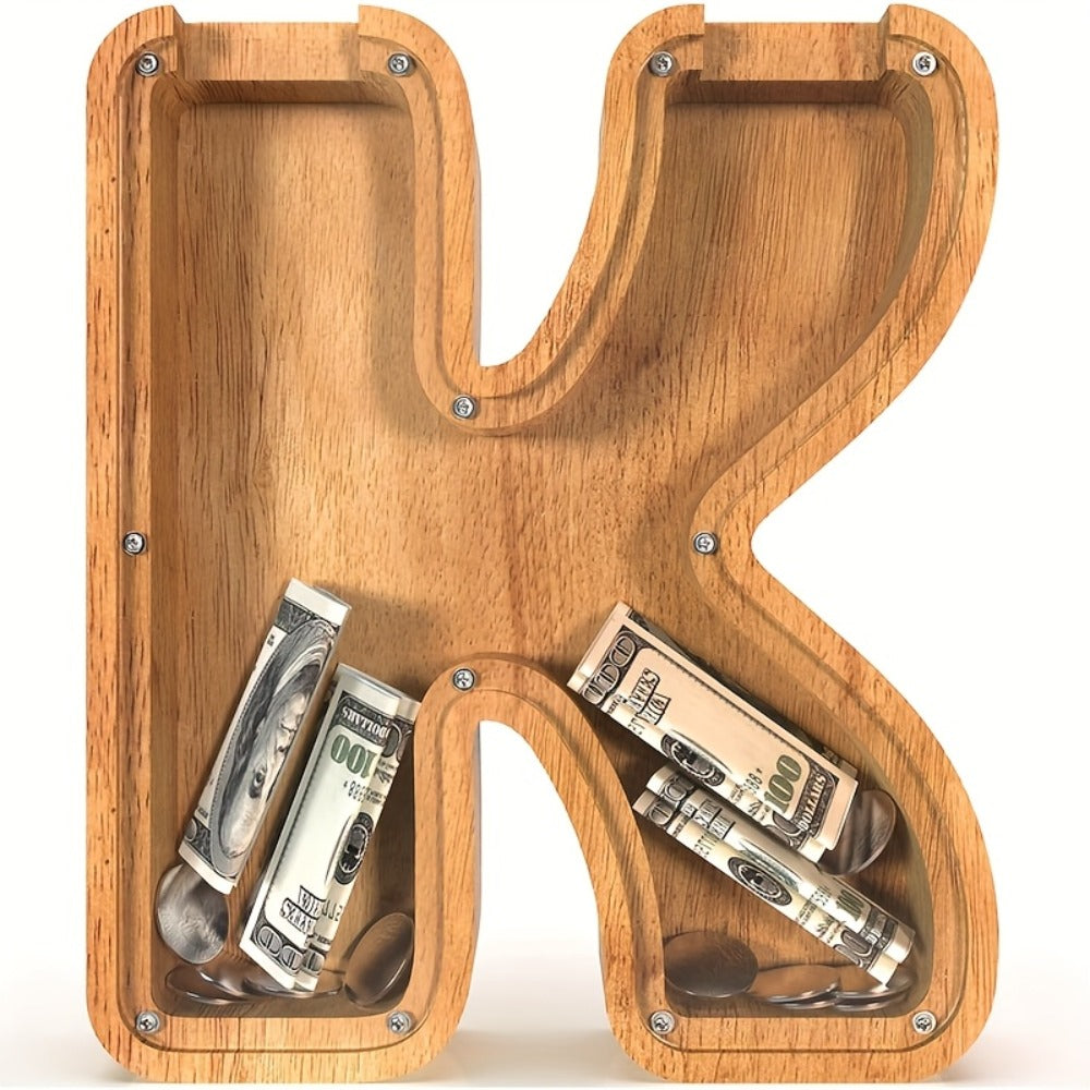 Wooden Alphabet Letter Coin Bank with Clear Front Panel and 23 Fixed Initial Options for Display