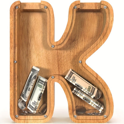 Wooden Alphabet Letter Coin Bank with Clear Front Panel and 23 Fixed Initial Options for Display