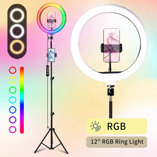Ring Light 12 Inch Adjustable Brightness RGB with 63 Inch Floor Stand for Photo Selfie Video Recording Zoom Meetings Vlog Live Streaming TikTok YouTube Makeup