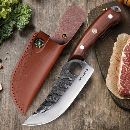 Viking Chef Knife Set 3/4pcs Hammered Stainless Steel Kitchen Knives – Boning, Utility & BBQ Knife with Wooden Handle for Cooking, Camping & Outdoor