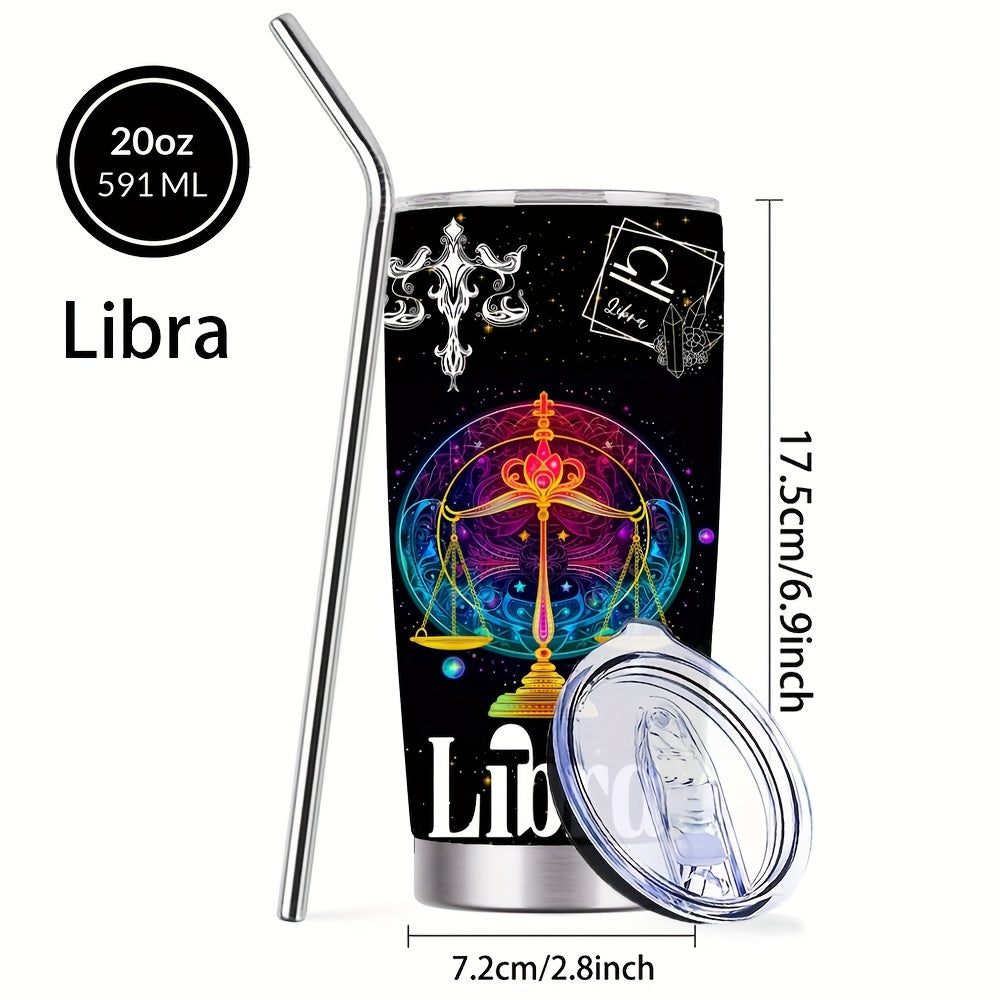 Zodiac Sign Insulated Tumbler 20oz Stainless Steel Travel Cup with Lid & Straw Hot Cold Drinks Horoscope Coffee Mug Gift for Men Women Birthday Christmas