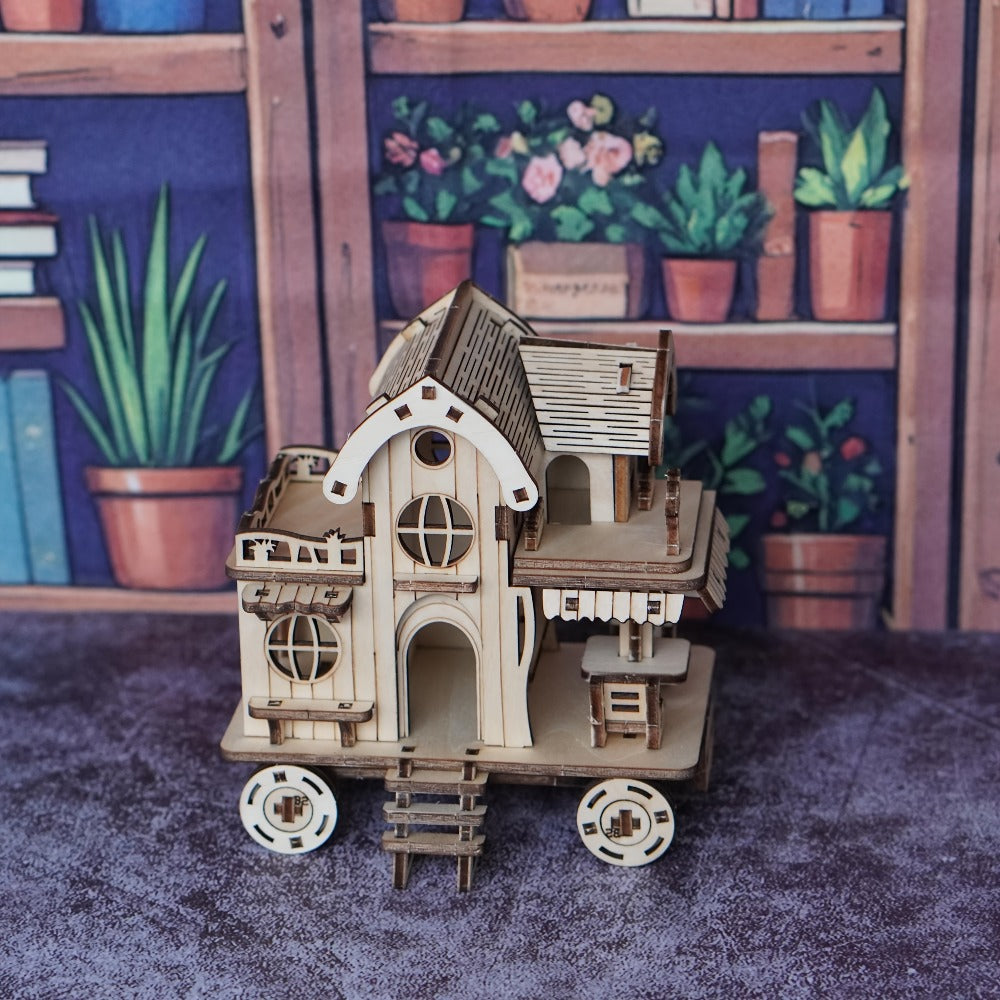 3D Wooden Mobile Home Puzzle Model Kit with Café Bar Details, 11 x 6 x 12 cm Finished Display