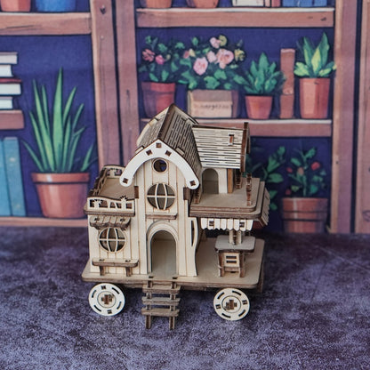 3D Wooden Mobile Home Puzzle Model Kit with Café Bar Details, 11 x 6 x 12 cm Finished Display