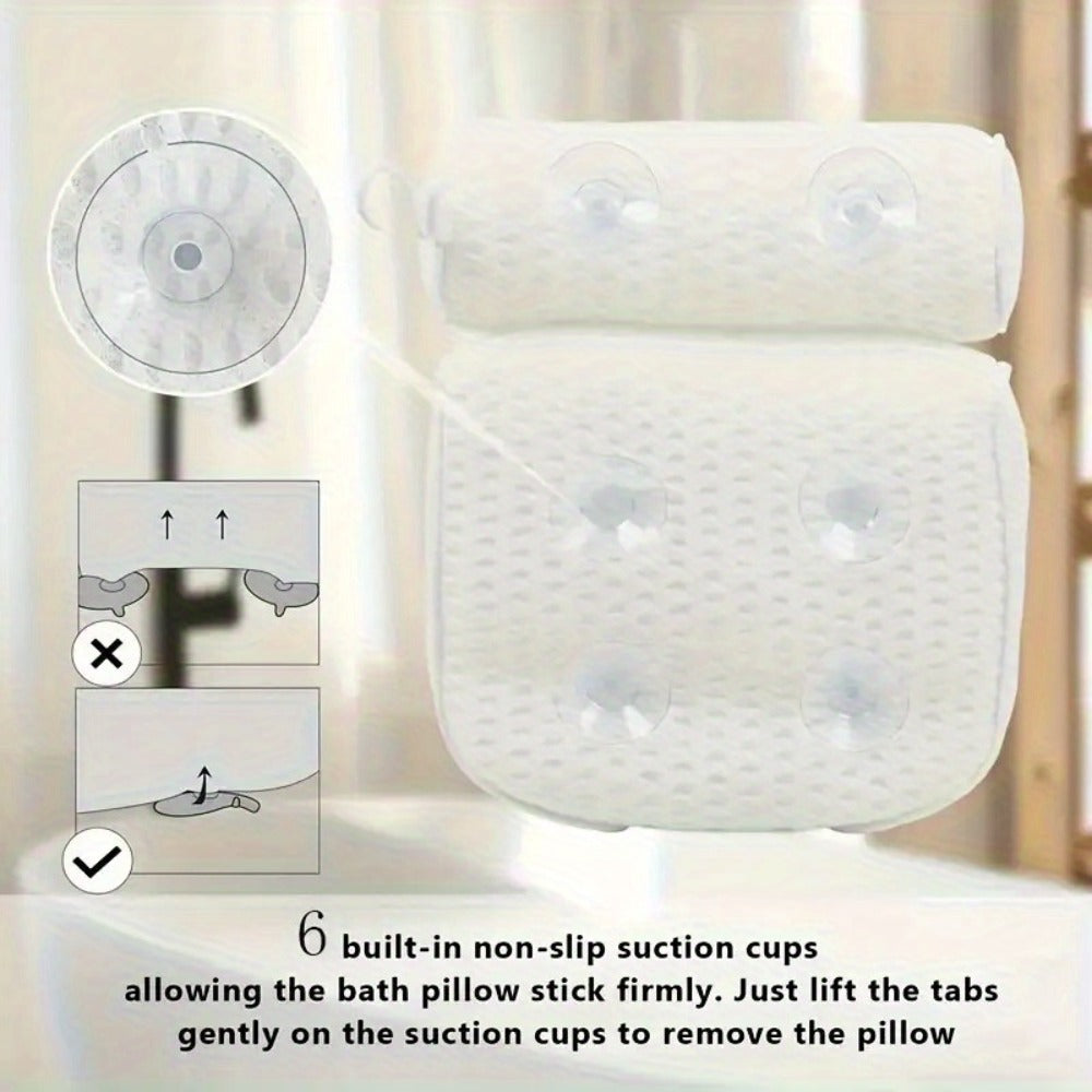 Two-Piece Bathtub Neck and Back Cushion with Six Suction Cups, Hanging Hook and White Mesh Cover