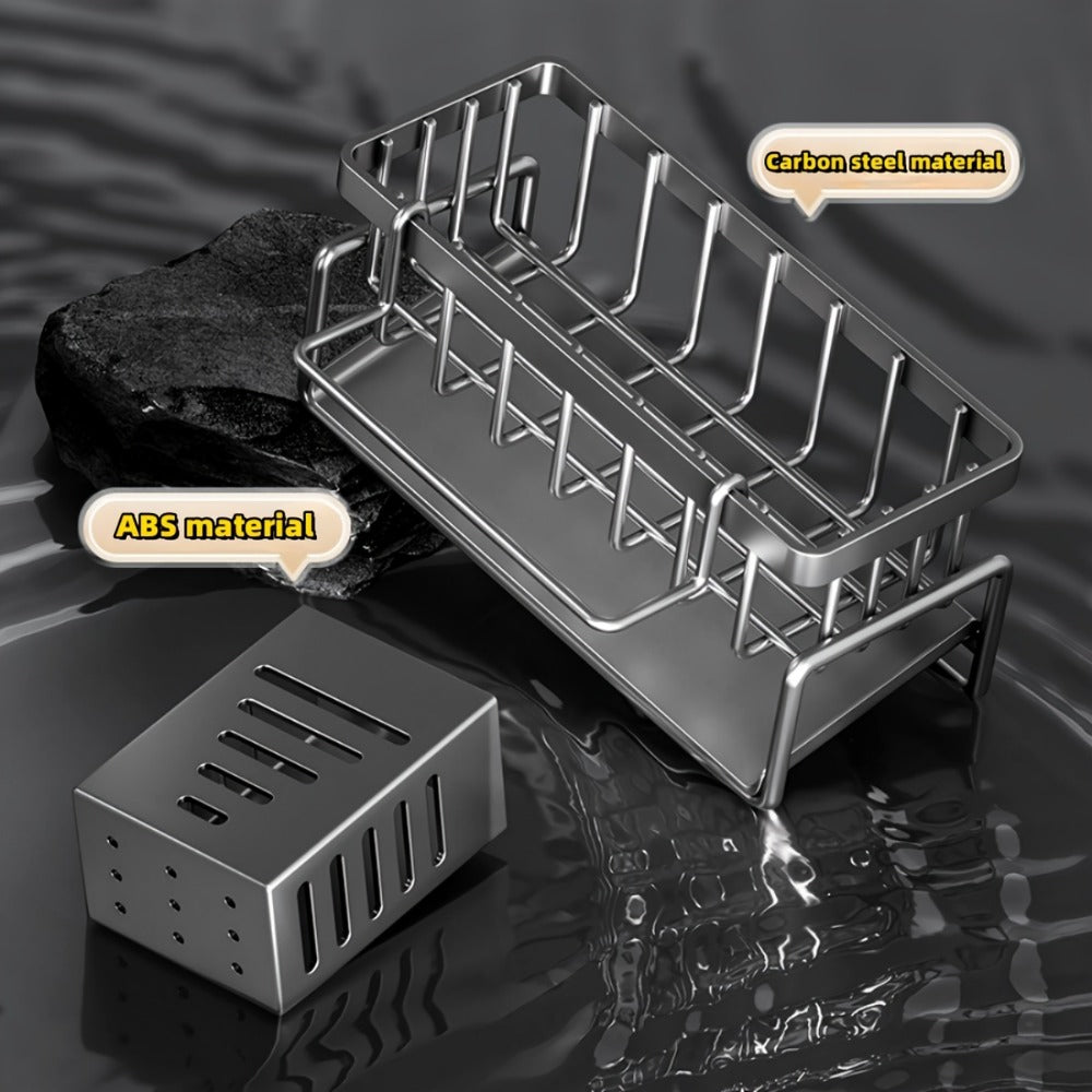 Kitchen Sink Organizer Sponge Holder with Self-Draining Tray Removable Rag Rod Carbon Steel for Home Cooking, Dining and Outdoor Meals