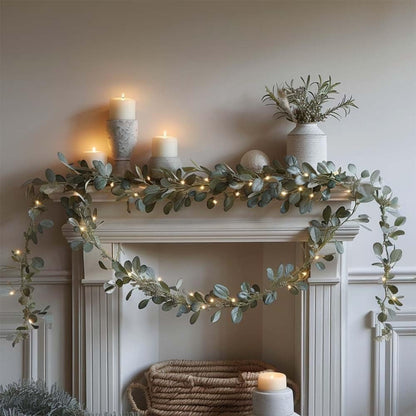String Lights, Four-Piece Eucalyptus Leaf Wreath Set with 20 Warm LEDs per Strand and Battery Power