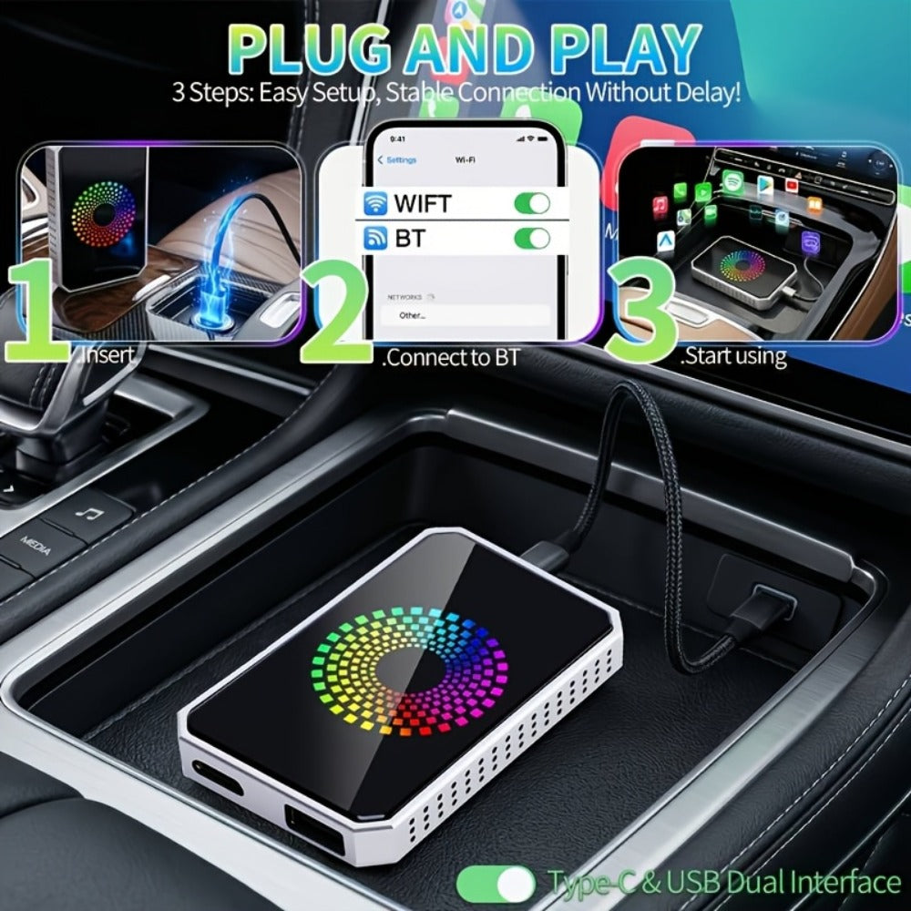 Wireless CarPlay Adapter AI Box 3-in-1 – Netflix YouTube TikTok Streaming, Dual WiFi 2.4G+5G, USB Drive Support, for OEM Wired Apple CarPlay & Android Auto, iPhone 10+ & 2018+ Cars
