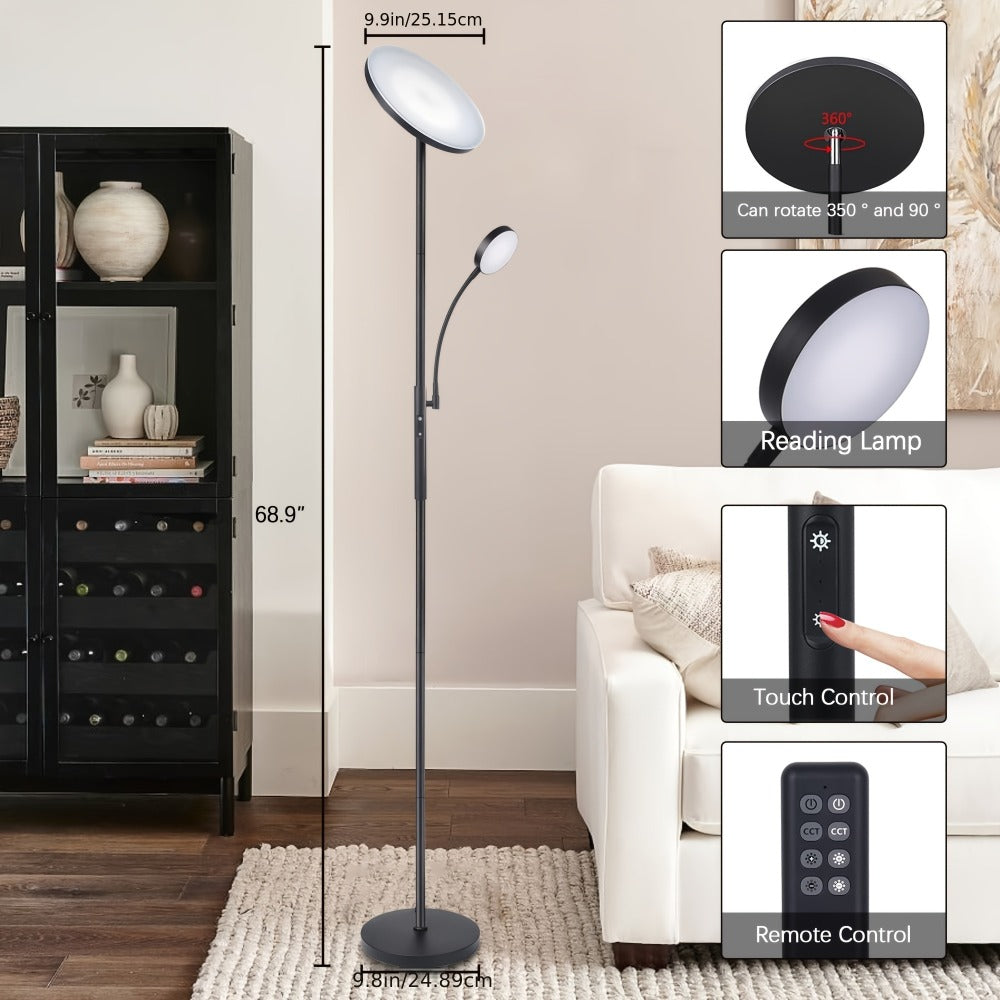 Dual-Head Torchiere Floor Lamp with 27W Main Light, 7W Reading Arm, Four Color Temperature Modes and Remote or Touch Control