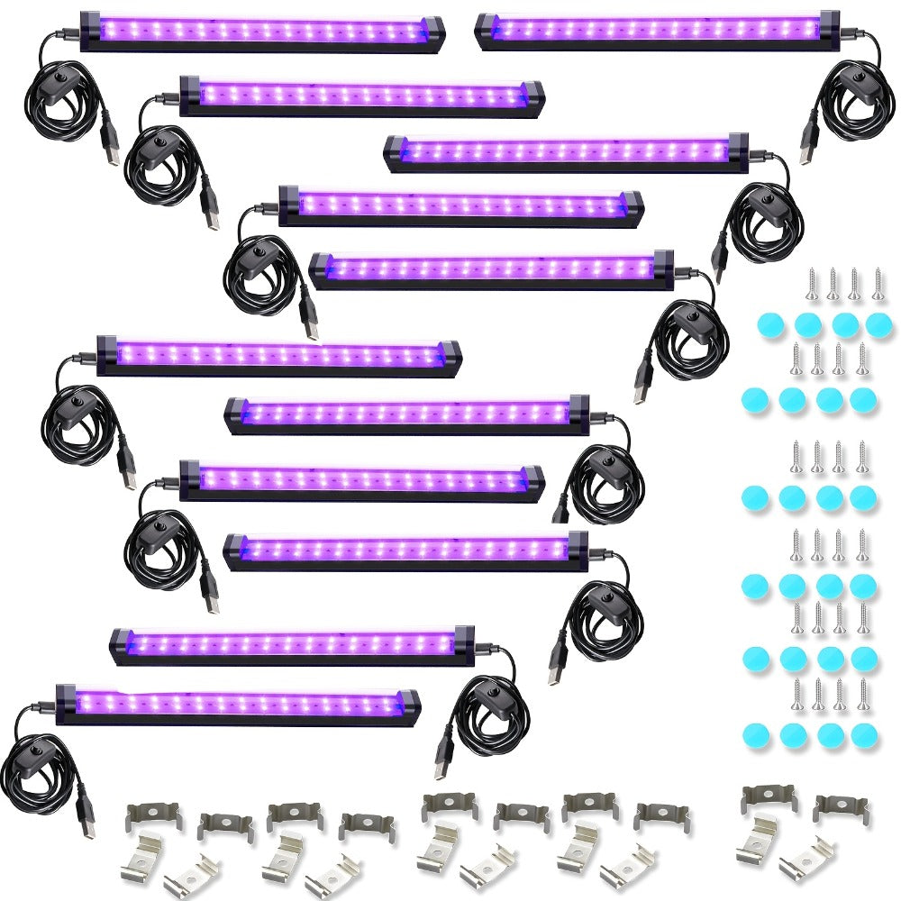 USB UV Black-Light Bar Set with Inline Switches, Mounting Hardware and 2-, 4-, 10-, 12- or 14-Pack Options