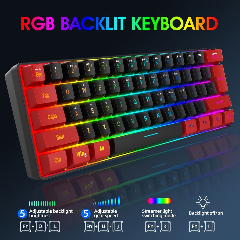 60% Compact Wired Gaming Keyboard RGB Backlit Membrane Ultra-Mini 61 Keys for PC Gamers Laptop Desktop Windows Mac – SNPURDIRI Red and Black Small Gaming Keyboard with Anti-Ghosting