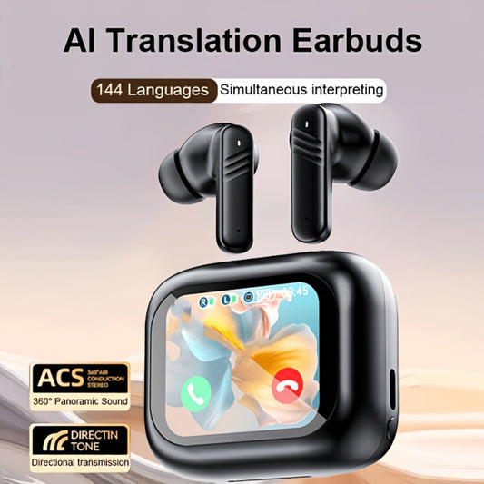 ANC AI Translation Earbuds with LCD Screen – Active Noise Cancelling Wireless In-Ear Headphones for Business Meetings International Travel Multi-Language Real-Time Translator