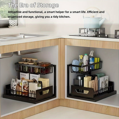 Two-Tier Pull-Out Cabinet Organizer with Upper and Lower Sliding Trays in Grey, Black or White Package Options