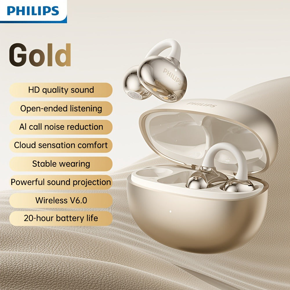 Philips TWS Ear Clip Sport Headset Hi-Fi Bass Stereo HD Calls Earhook Wireless Bluetooth for Music Gaming Business iOS Android Gift for Couples Valentine Black Gold