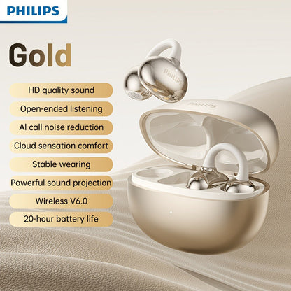 Philips TWS Ear Clip Sport Headset Hi-Fi Bass Stereo HD Calls Earhook Wireless Bluetooth for Music Gaming Business iOS Android Gift for Couples Valentine Black Gold