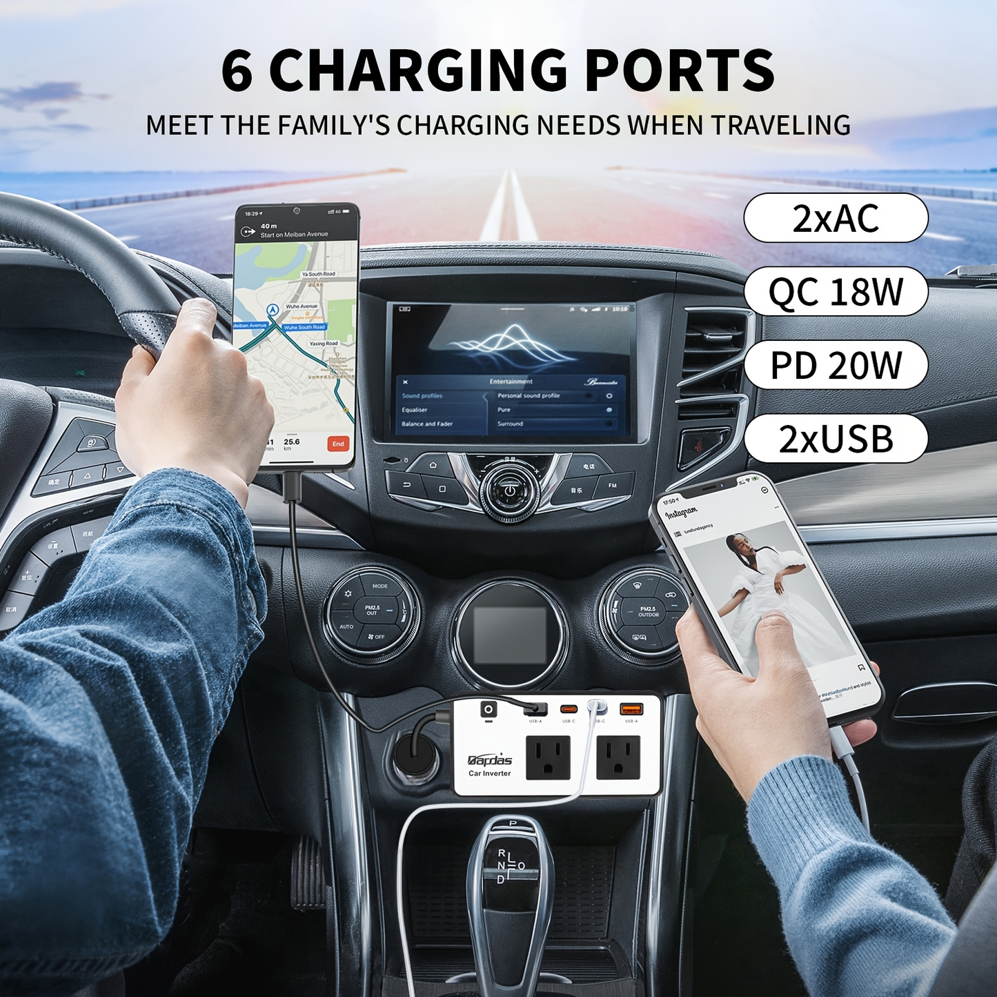 Car Inverter 200W DC 12V to AC 110V with Dual AC Outlets 24W USB-C Fast Charging 4 USB Ports Portable Laptop Phone Charger Adapter for Car Truck RV Travel