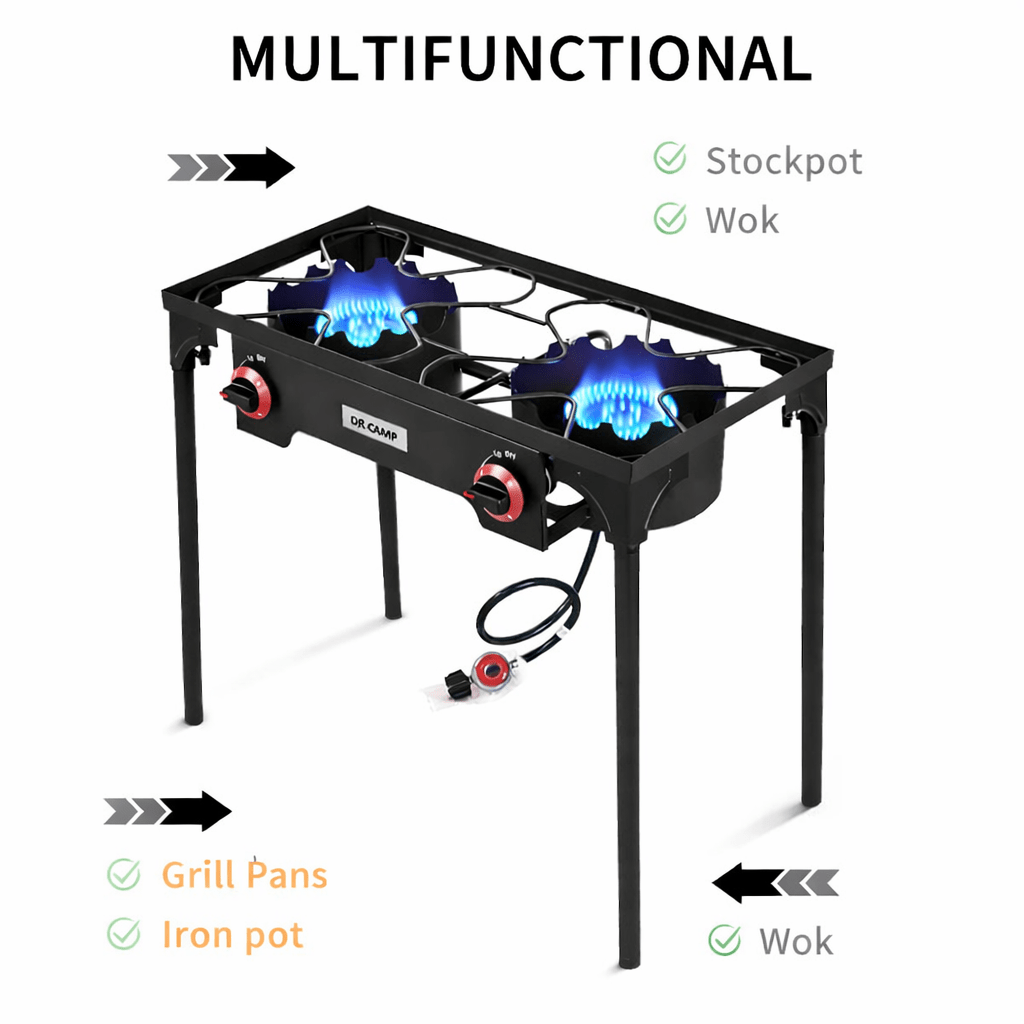 Propane Camping Stove Cast Iron 1, 2 or 3 Burner with Detachable Legs, 20 PSI High-Pressure Regulator, Heavy-Duty Outdoor Gas Cooker for Camping BBQ Survival Tactical Cooking Patio